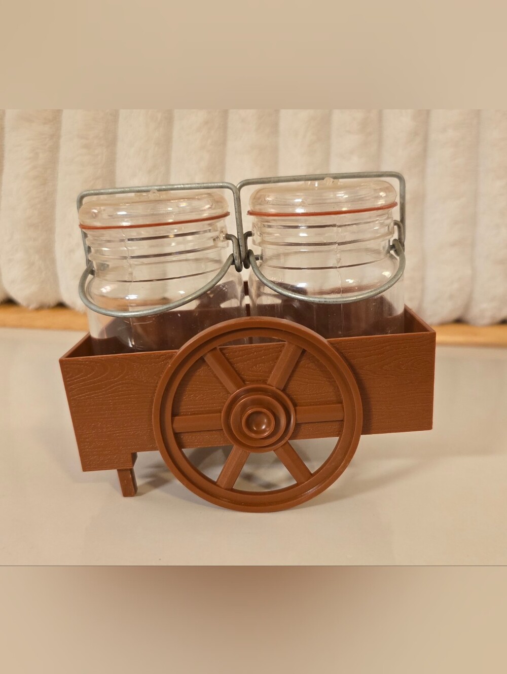 Vintage 1974 JSNY Mason Jar Salt & Pepper Shakers with Wagon Caddy Set